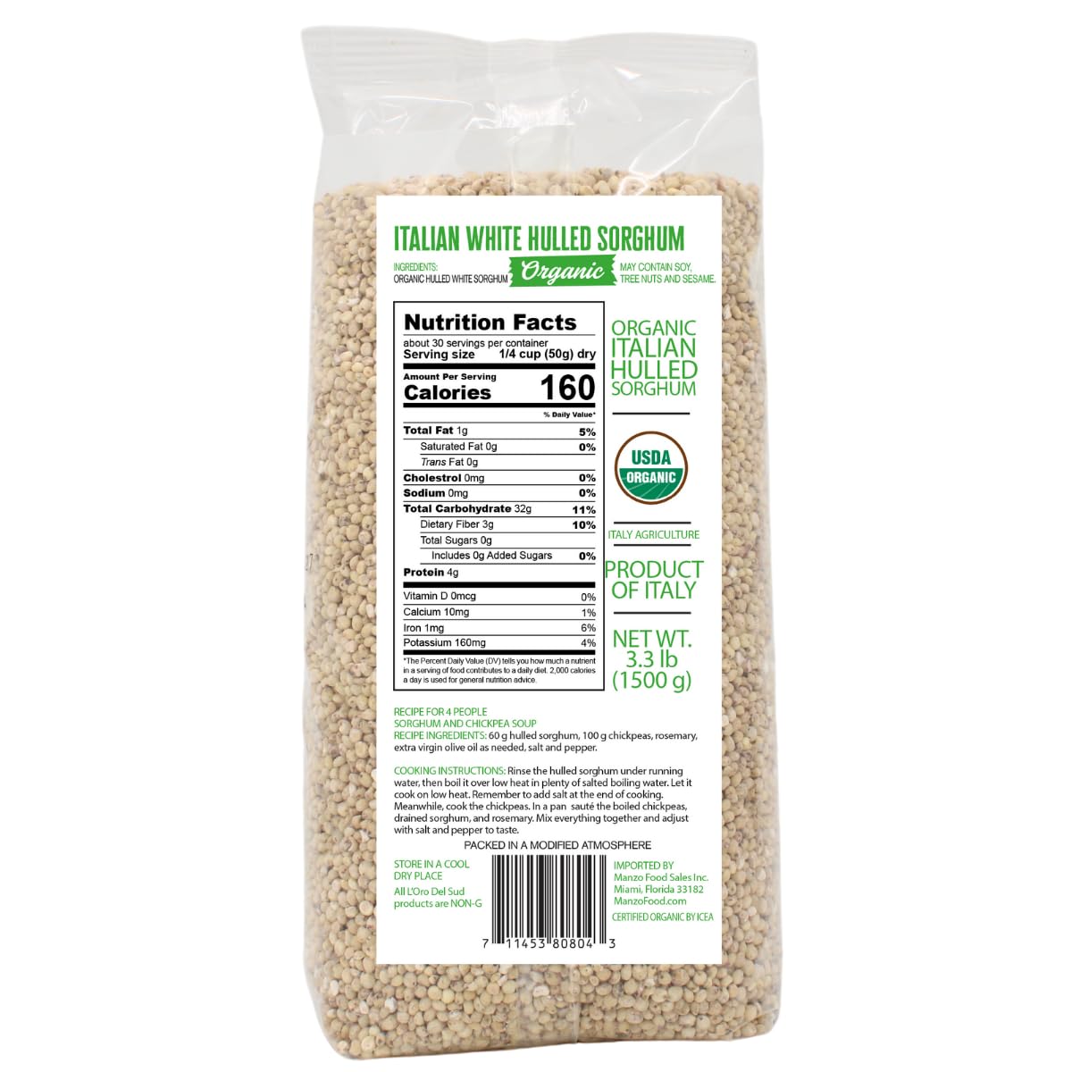 L'Oro Del Sud, Organic Italian White Hulled Sorghum - Net Weight (1.5 kg) 52.9 oz