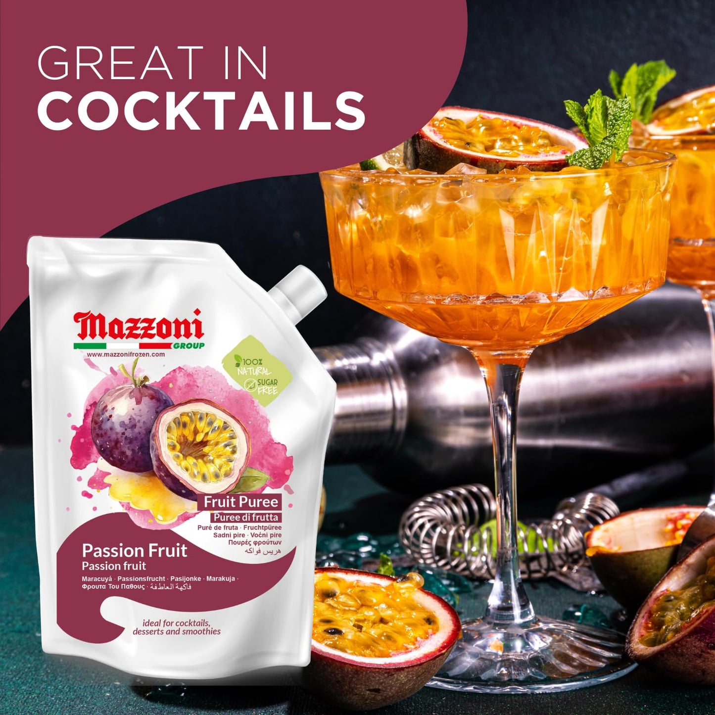Mazzoni, Passion Fruit Puree, 100% Pure Maracuya, Just Fruit, No Sugar Added, 2.2 lb