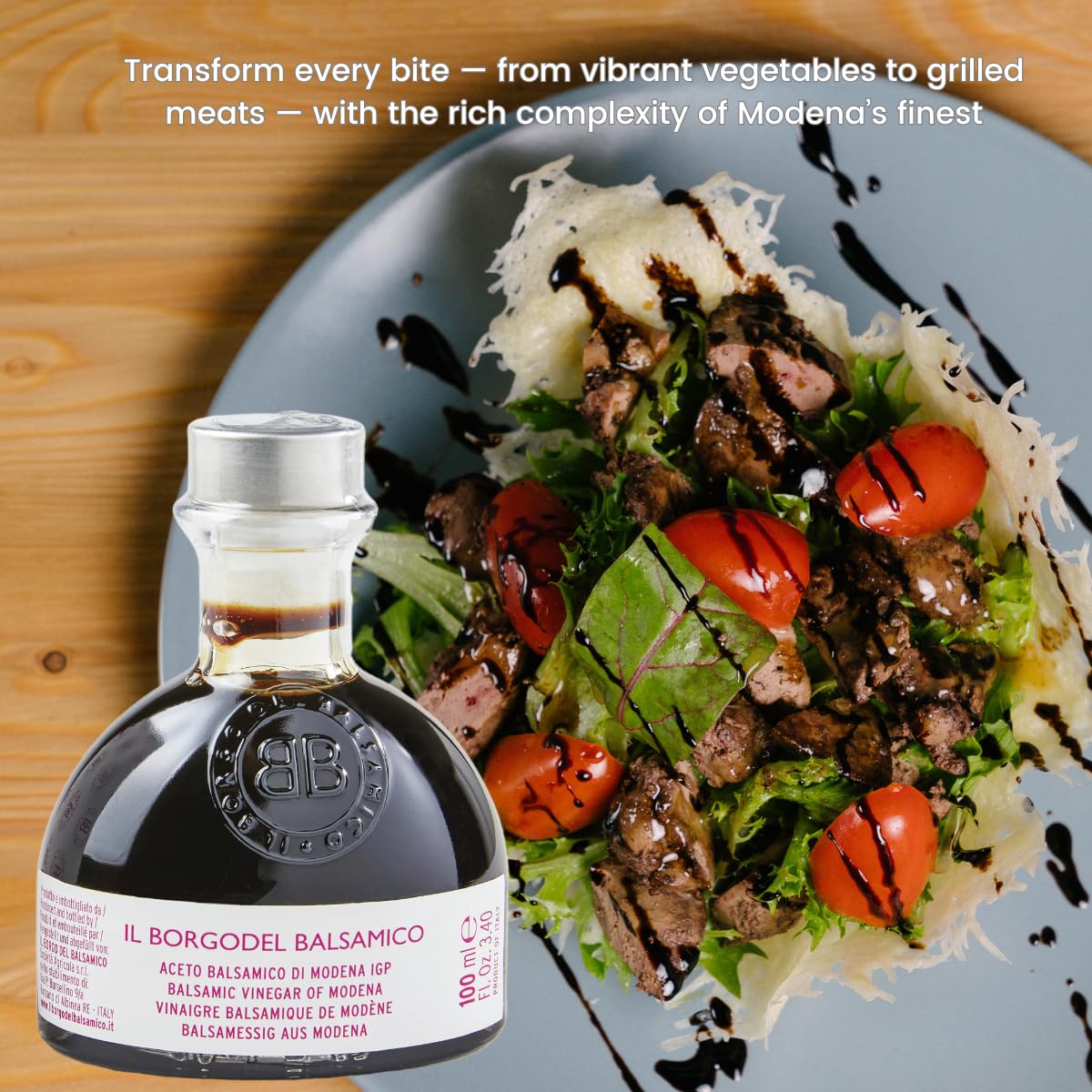 Balsamic vinegar bottle with a salad on a wooden surface