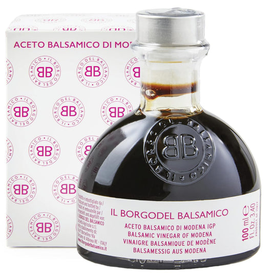 Bottle of Il Borgodel Balsamico balsamic vinegar with packaging in the background