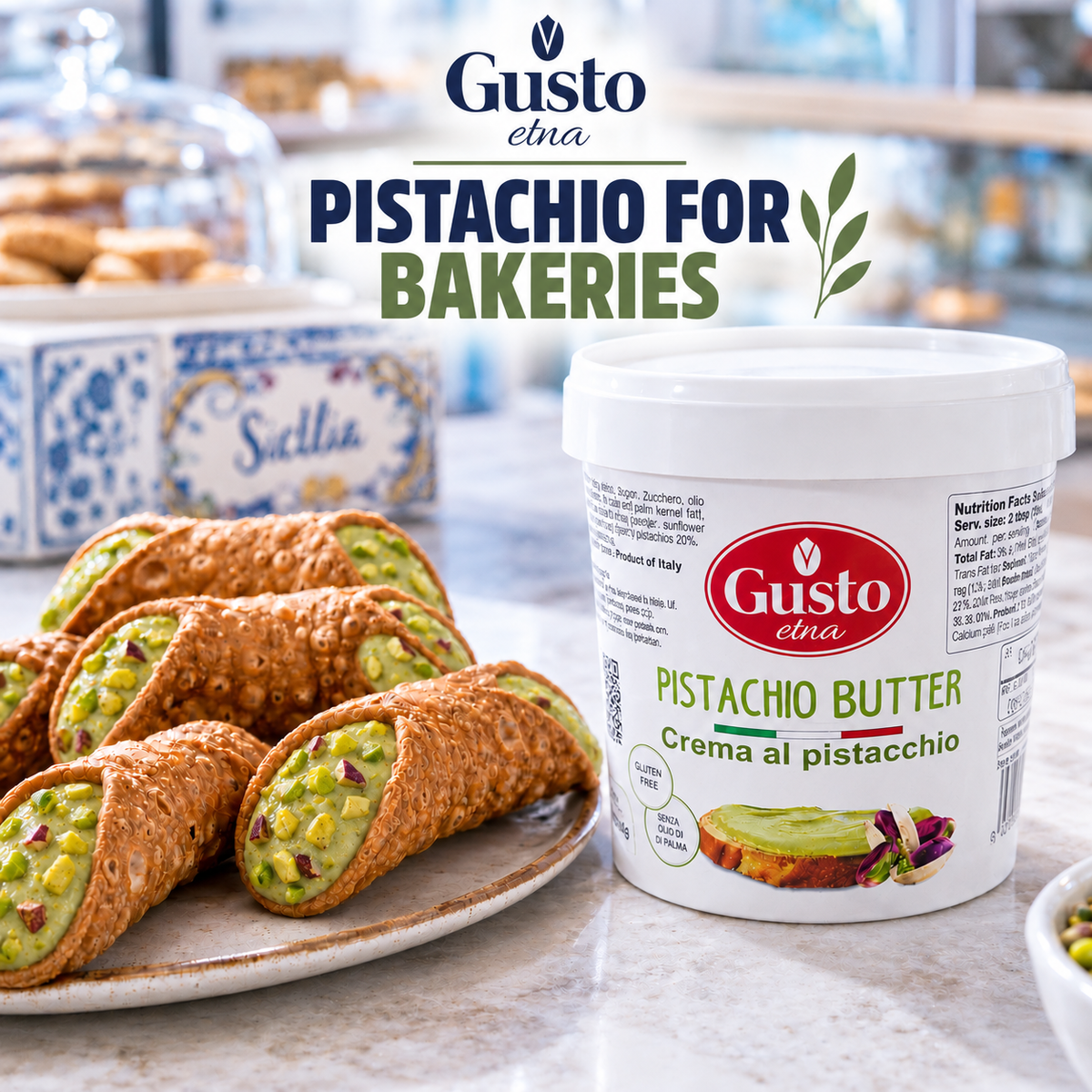 A tub of Gusto enia Pistachio Butter is shown next to a plate of pistachio-filled cannoli in a bakery-style setting, with the text 'Gusto enia PISTACHIO FOR BAKERIES' at the top.