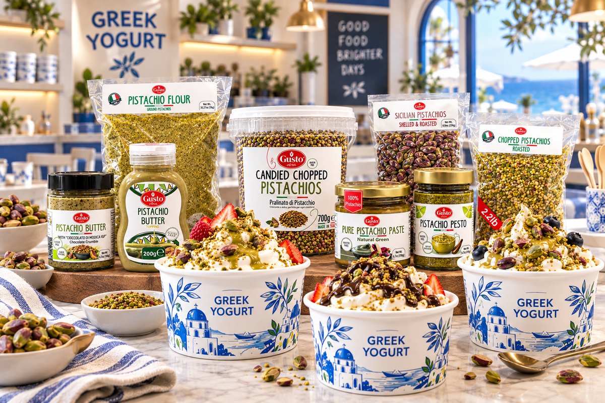 A styled product lineup of Falari Greek yogurt and pistachio spread products, including jars, bags of pistachio flour, and three bowls of Greek yogurt topped with nuts, crumbled cheese, and fruit, set against a Mediterranean-themed background.