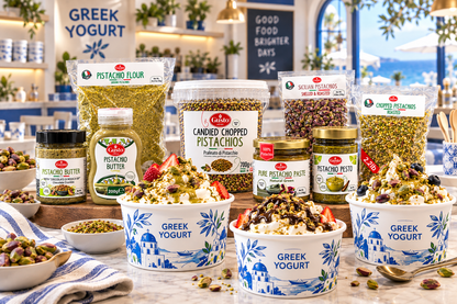 A styled product lineup of Falari Greek yogurt and pistachio spread products, including jars, bags of pistachio flour, and three bowls of Greek yogurt topped with nuts, crumbled cheese, and fruit, set against a Mediterranean-themed background.