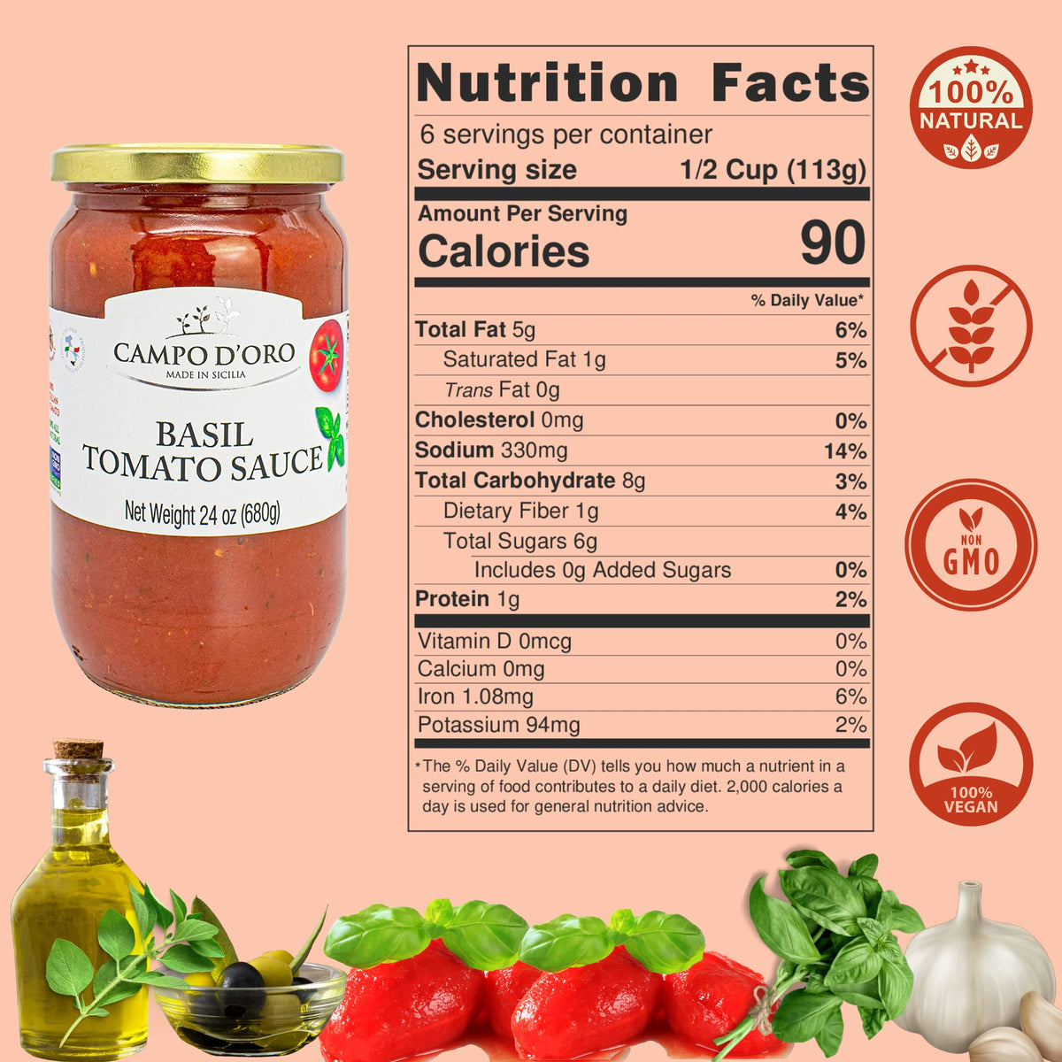 Campo D’Oro Tomato Spaghetti Sauce with Basil, 24 oz (680 g)