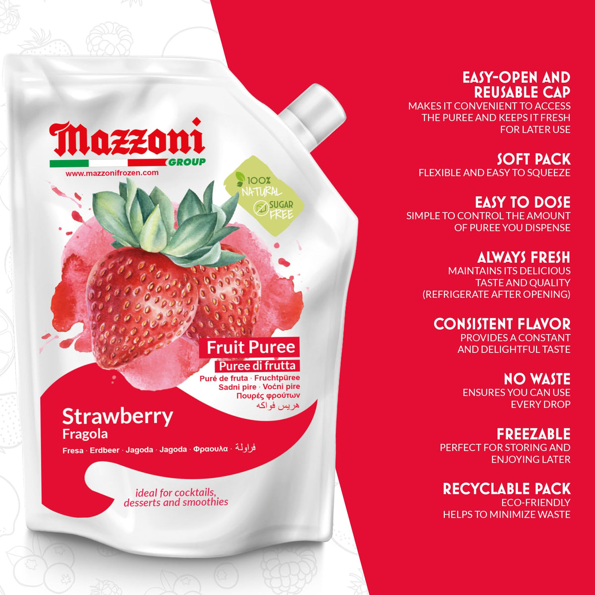 Mazzoni Strawberry Puree, 100% Pure Strawberry, 2.2 lbs (35.2 oz)