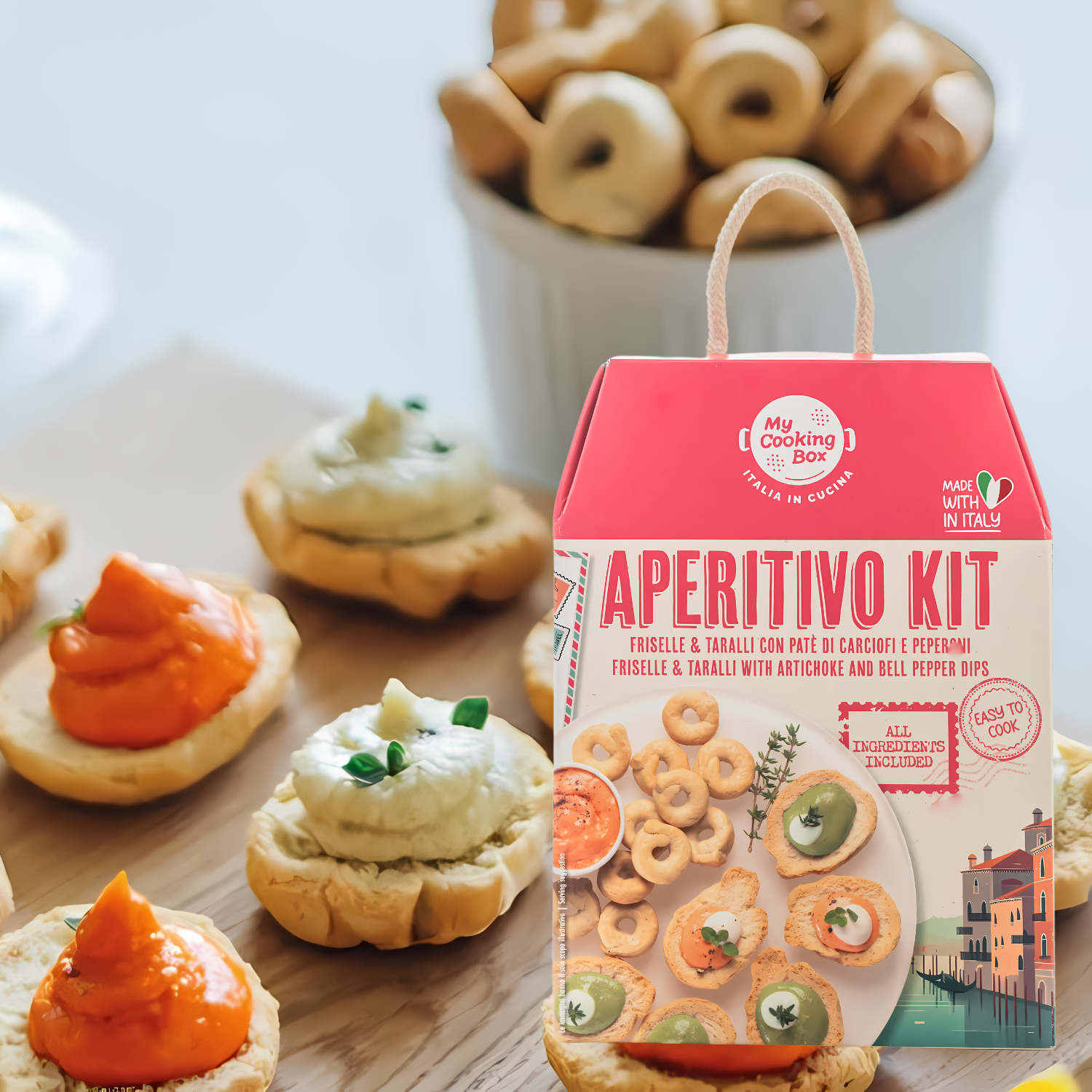 My Cooking Box - Aperitivo Kit Freiselle &amp; Taralli with Artichoke and Pepper Dips - Authentic Italian Appetizer Kit - Serves 2/3