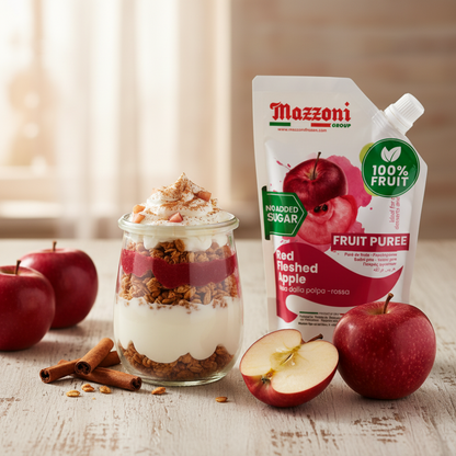 LAYERED APPLE PARFAIT WITH YOGURT, GRANOLA, AND APPLE PUREE SERVED WITH MAZZONI RED FLESHED APPLE FRUIT PUREE POUCH AND FRESH APPLES