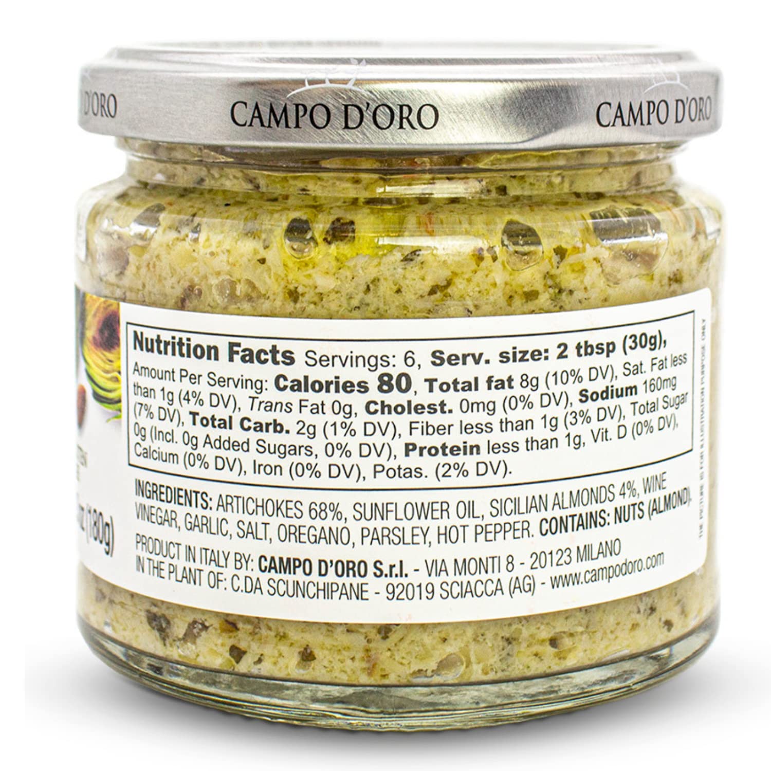 Jar of Campo D’Oro artichoke paté with Sicilian almond 180g authentic Italian gourmet spread