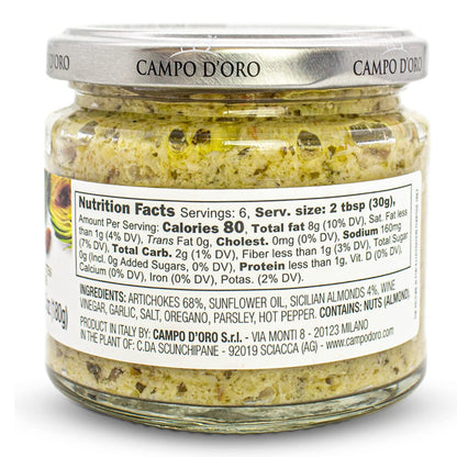 Jar of Campo D’Oro artichoke paté with Sicilian almond 180g authentic Italian gourmet spread