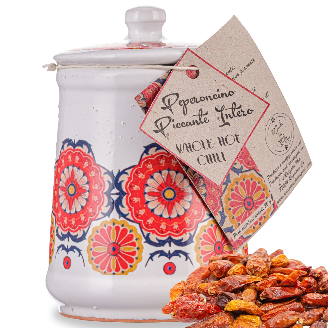 Artigiani dei Sapori, Dried Whole Hot Chili Peppers in Italian Handmade Ceramic Jar with Spices included 0.7oz (19grs)