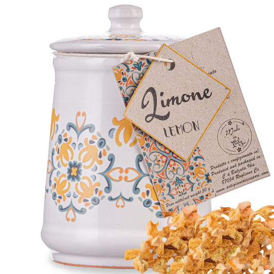 Artigiani dei Sapori, Italian Lemon Peel, Granules in Italian Handmade Ceramic Jar with Spices included 0.7oz (19grs)