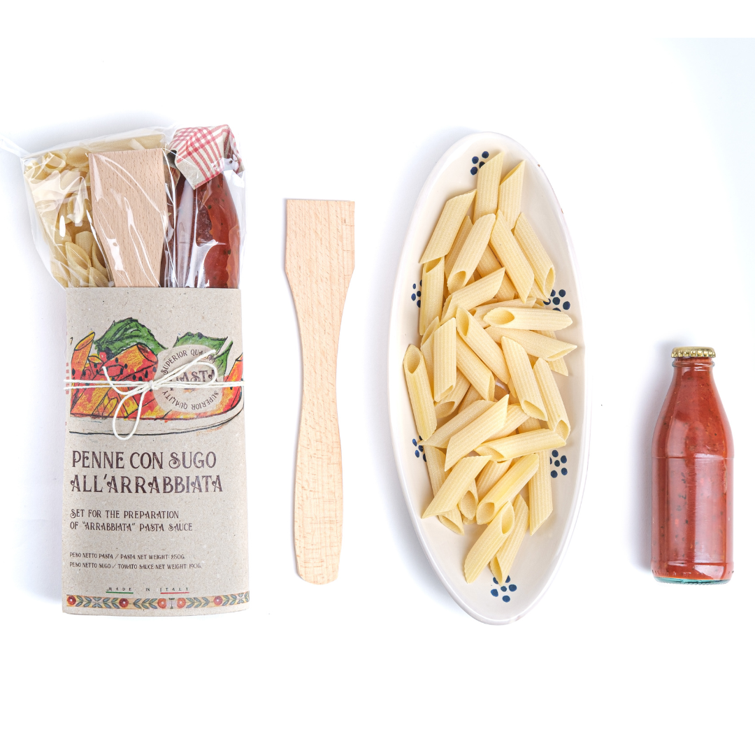 Artigiani dei Sapori, Pasta Gift Set, Penne Pasta with Spicy "Arrabbiata" sauce, includes wood spoon,