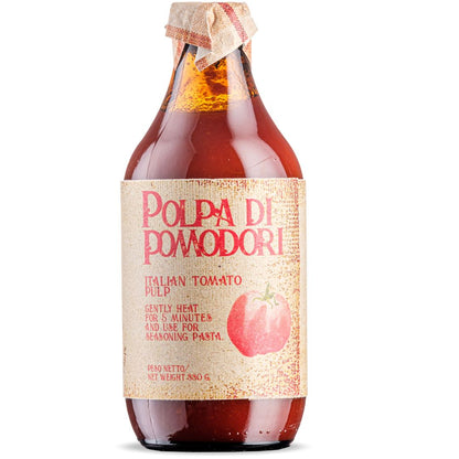 Bottle of Polpa Di Pomodori Italian tomato pulp with a label on a white background