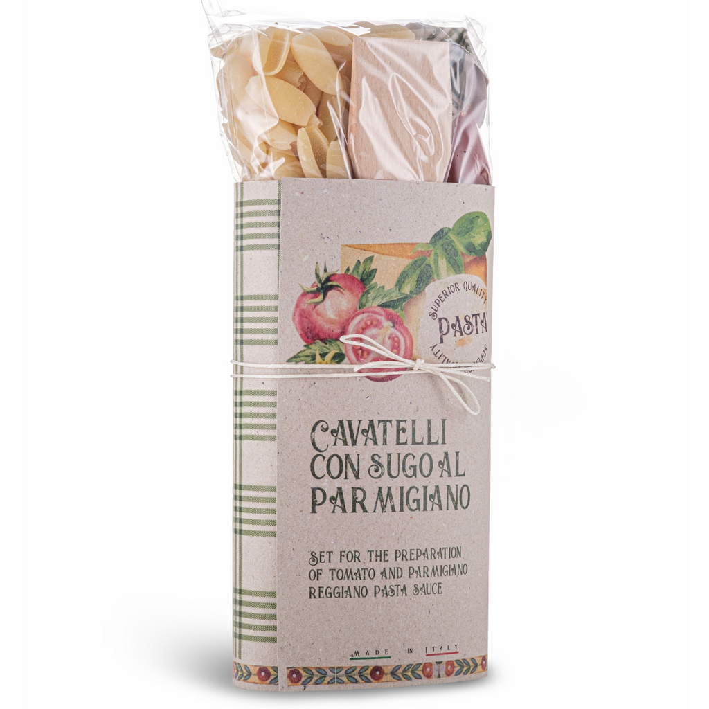 Artigiani dei Sapori,  Artisan Pasta Gift Set - Cavatelli Pasta with Parmigiano Reggiano D.O.P. Tomato sauce includes wooden spoon