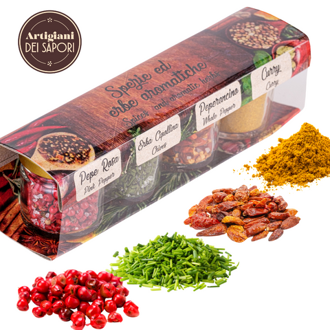 Artigiani dei Sapori, 4 Pack, Spices and Herbs,1.7 oz each, Curry and salt, Pepper and Salt, Chives and Salt, Pink Pepper and Sal