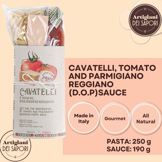 Cavatelli pasta gift set by Artigiani Dei Sapori, featuring handmade Italian pasta, Parmigiano Reggiano D.O.P. tomato sauce, and a wooden spoon, beautifully packaged as an authentic Italian gourmet gift.