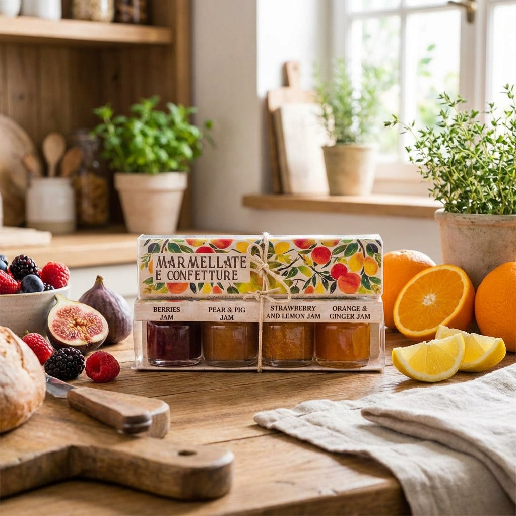Marmellate e Confetterie jam packaging on a wooden table with fruits and kitchen items in the background.