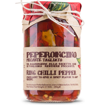 Jar of Artigiani dei Sapori sliced Calabrian hot chili peppers in oil, 9.8 oz, with rustic packaging and natural twine on the lid.