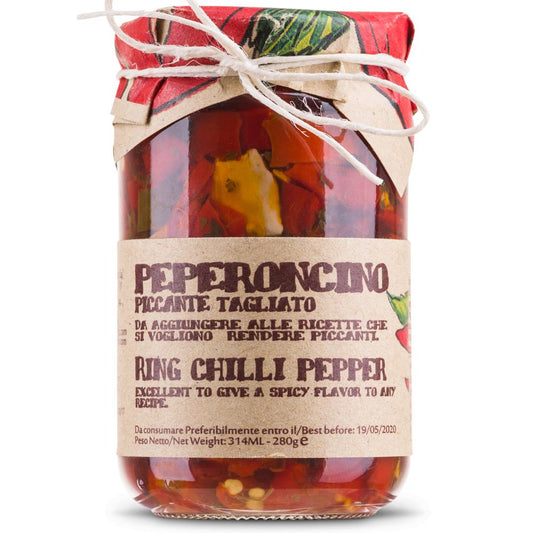 Jar of Artigiani dei Sapori sliced Calabrian hot chili peppers in oil, 9.8 oz, with rustic packaging and natural twine on the lid.