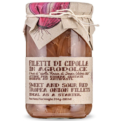 Glass jar of Artigiani dei Sapori sweet and sour red Tropea onions, preserved in agrodolce style, authentic product of Italy.