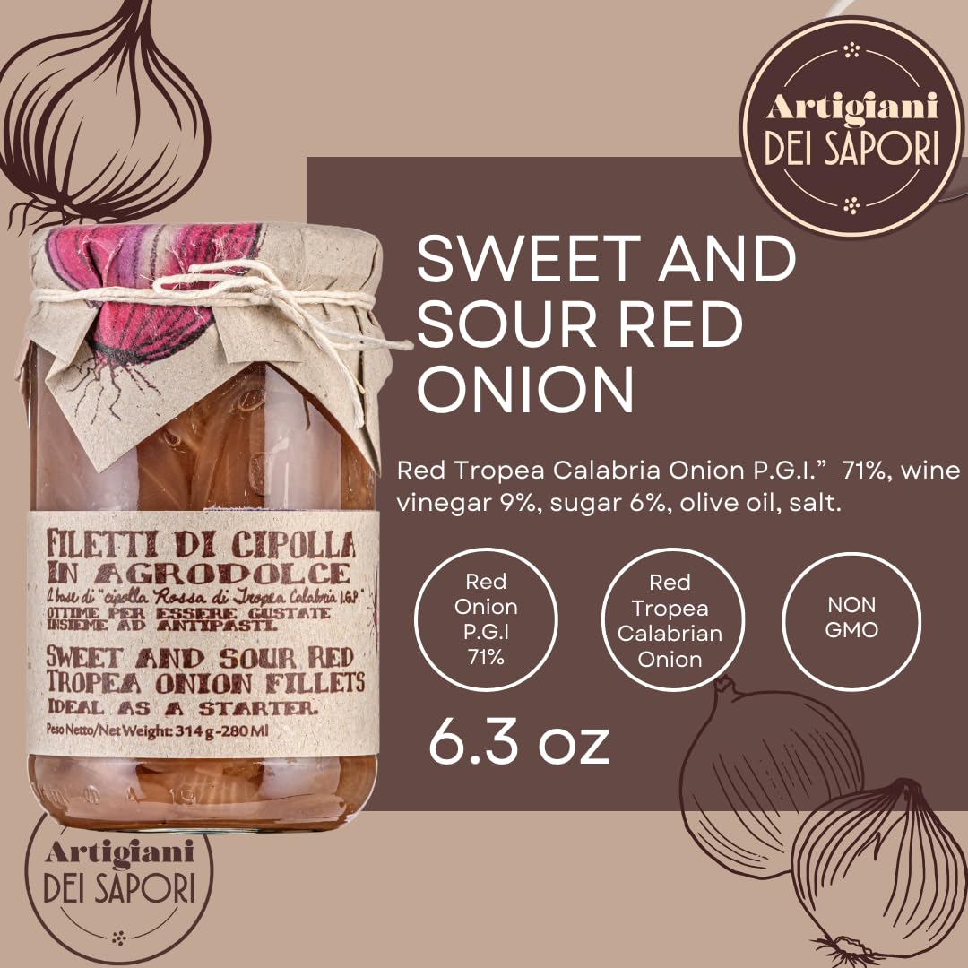 Jar of Artigiani dei Sapori Sweet and Sour Red Tropea Onions, 6.3 oz, made with P.G.I. certified Calabrian red onions, displayed with rustic label and artisan packaging.