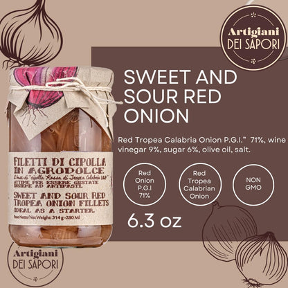 Jar of Artigiani dei Sapori Sweet and Sour Red Tropea Onions, 6.3 oz, made with P.G.I. certified Calabrian red onions, displayed with rustic label and artisan packaging.