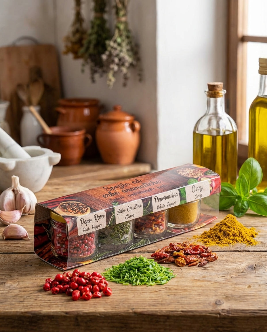 Packaged spice set on a wooden table with herbs and oils Artigiani dei Sapori