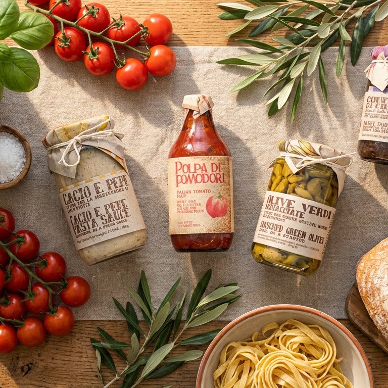 Assorted food products including a bottle of 'Polpa di Pomodori' and jars on a wooden surface with tomatoes and bread.