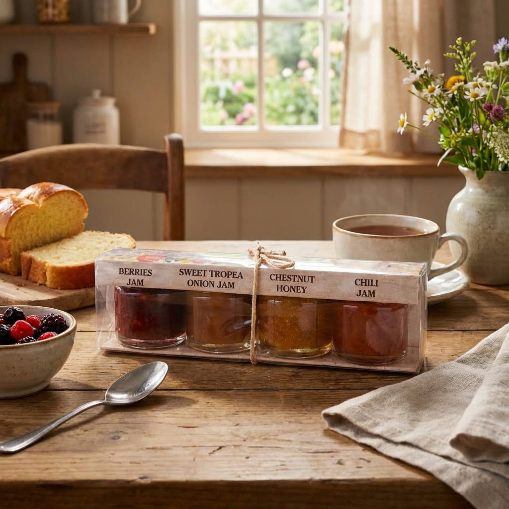 Assorted jars of jam on a wooden table with bread and coffee.