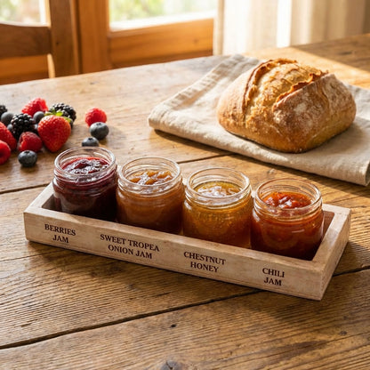 Four jars of different types of jam on a wooden tray with a loaf of bread and berries on a wooden table.