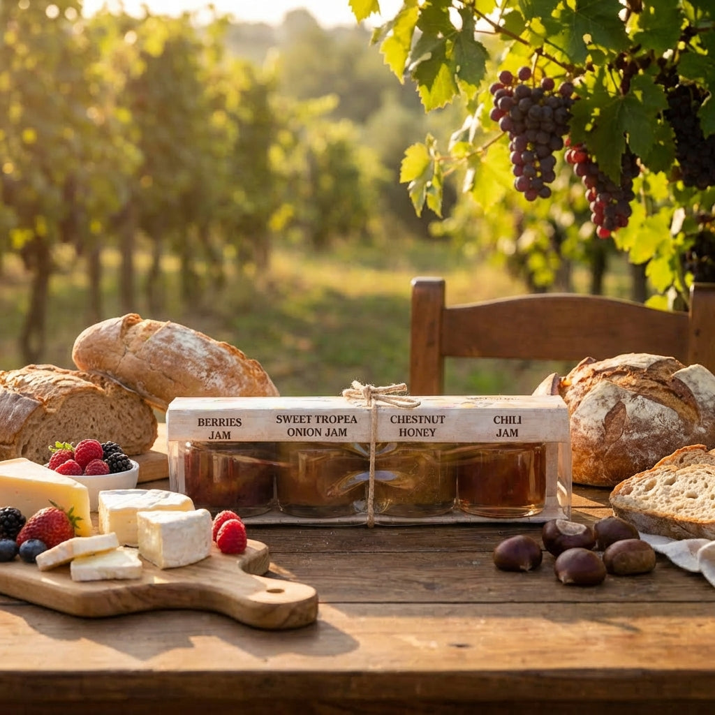 Table with bread, cheese, and jams in a vineyard setting