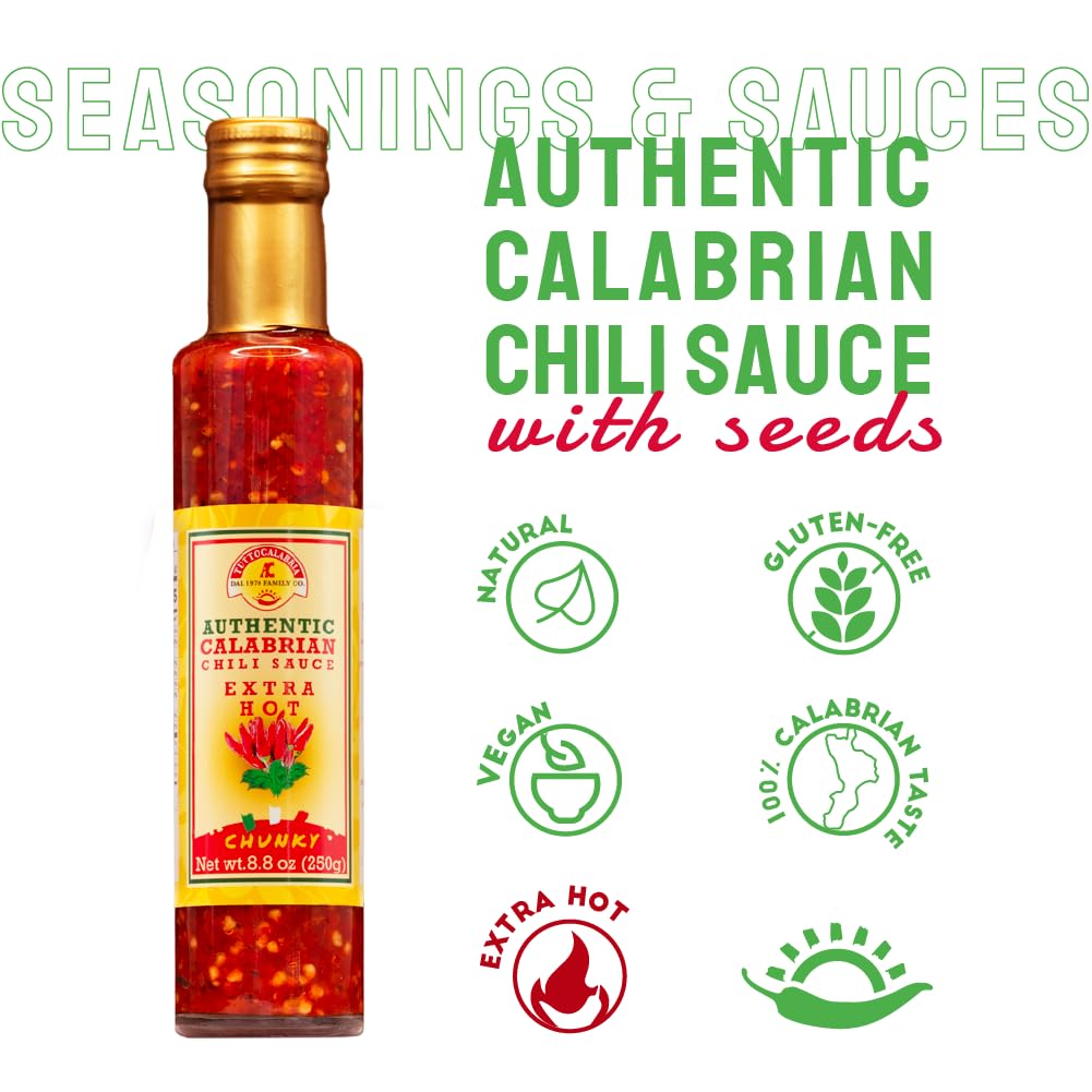 Bottle of TuttoCalabria Authentic Calabrian Chili Sauce with seeds on a white background