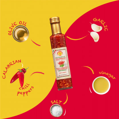 Bottle of Calabrian chili pepper sauce with ingredients on a yellow and red background
