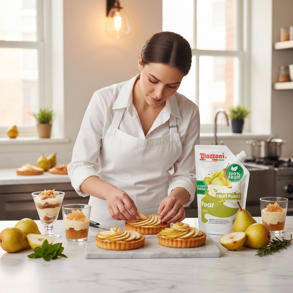 Woman pastry chef preparing pear tarts and desserts with Mazzoni Pear fruit puree