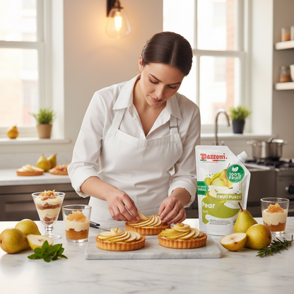 Woman pastry chef preparing pear tarts and desserts with Mazzoni Pear fruit puree