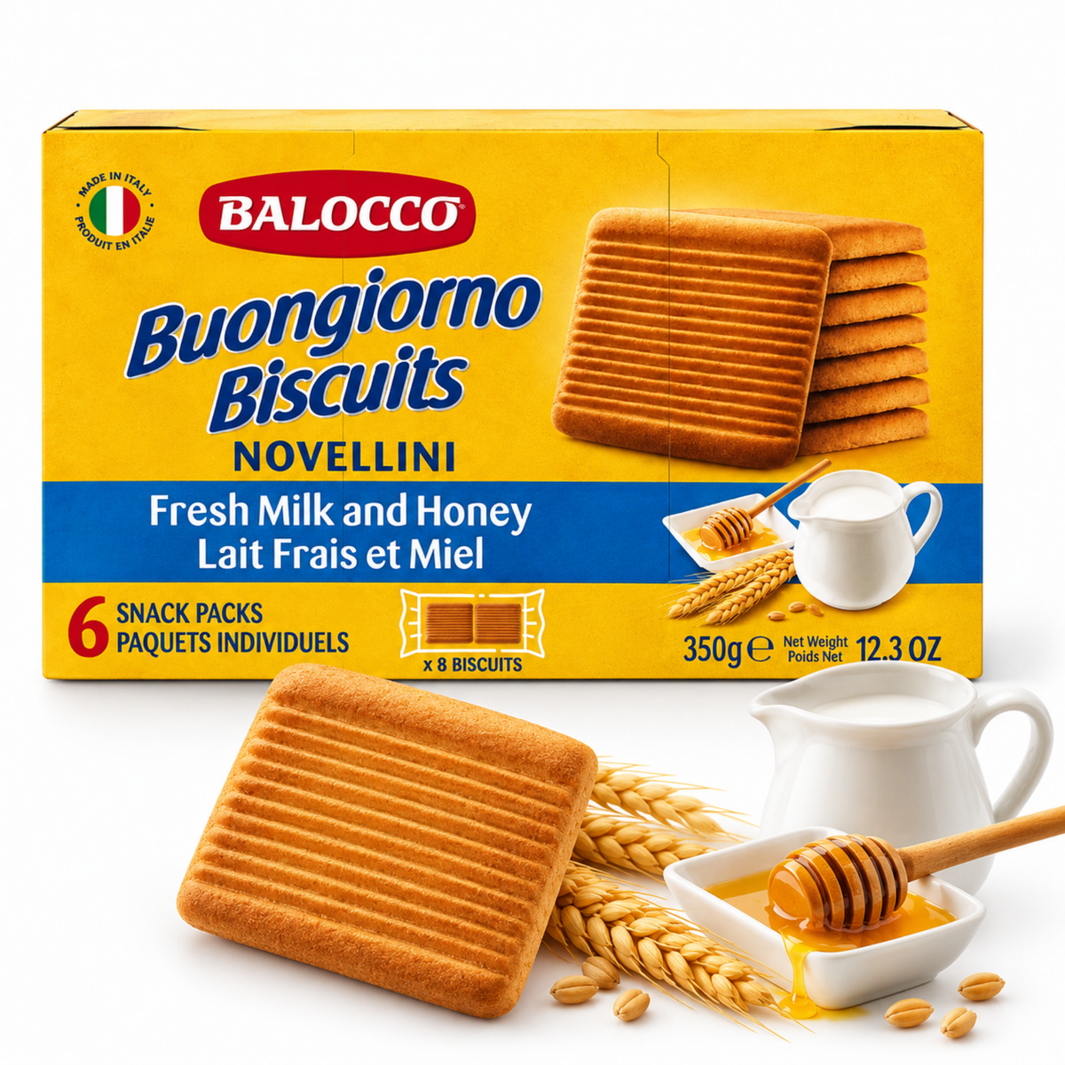 Balocco Novellini Italian Breakfast Biscuits, Milk & Honey, 12.3 oz (350 g) | Crisp Italian Biscuits