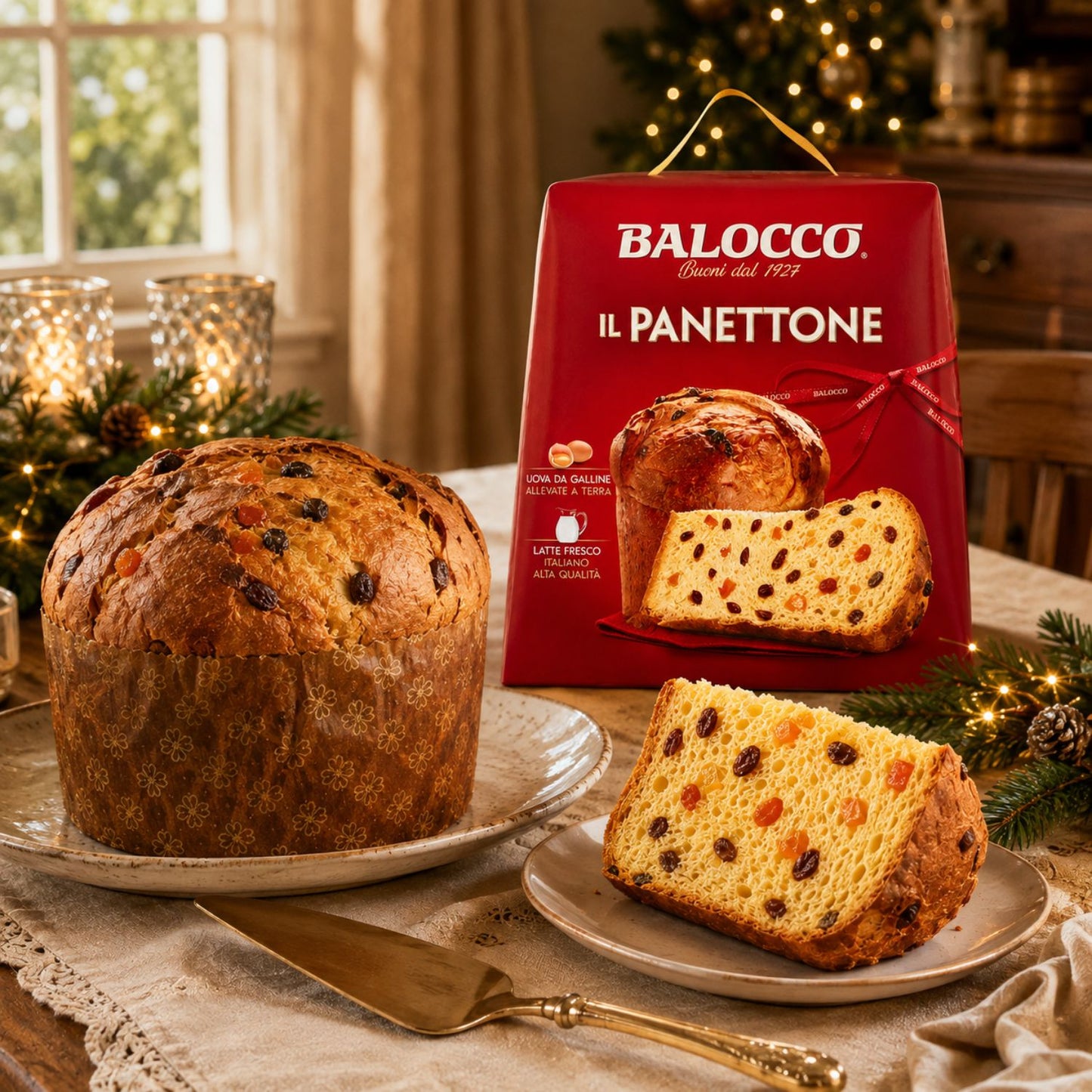 A loaf and sliced Panettone bread displayed on plates in a festive holiday kitchen setting, with the red Balocco Il Panettone box standing behind it.