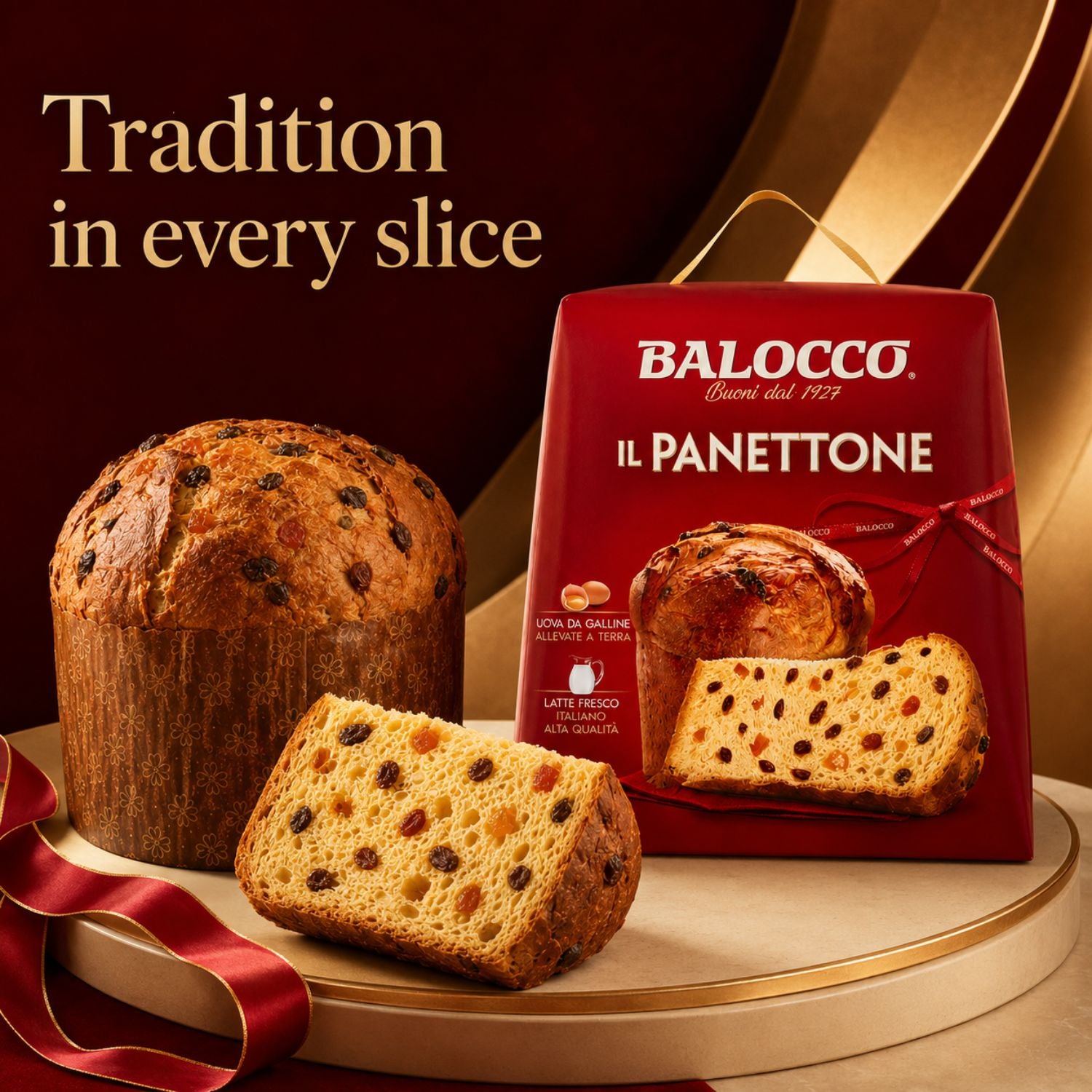 A red Balocco Il Panettone gift box stands next to a whole and sliced panettone loaf on a gold-rimmed pedestal with red ribbon, against a dark brown background with the text 'Tradition in every slice'.