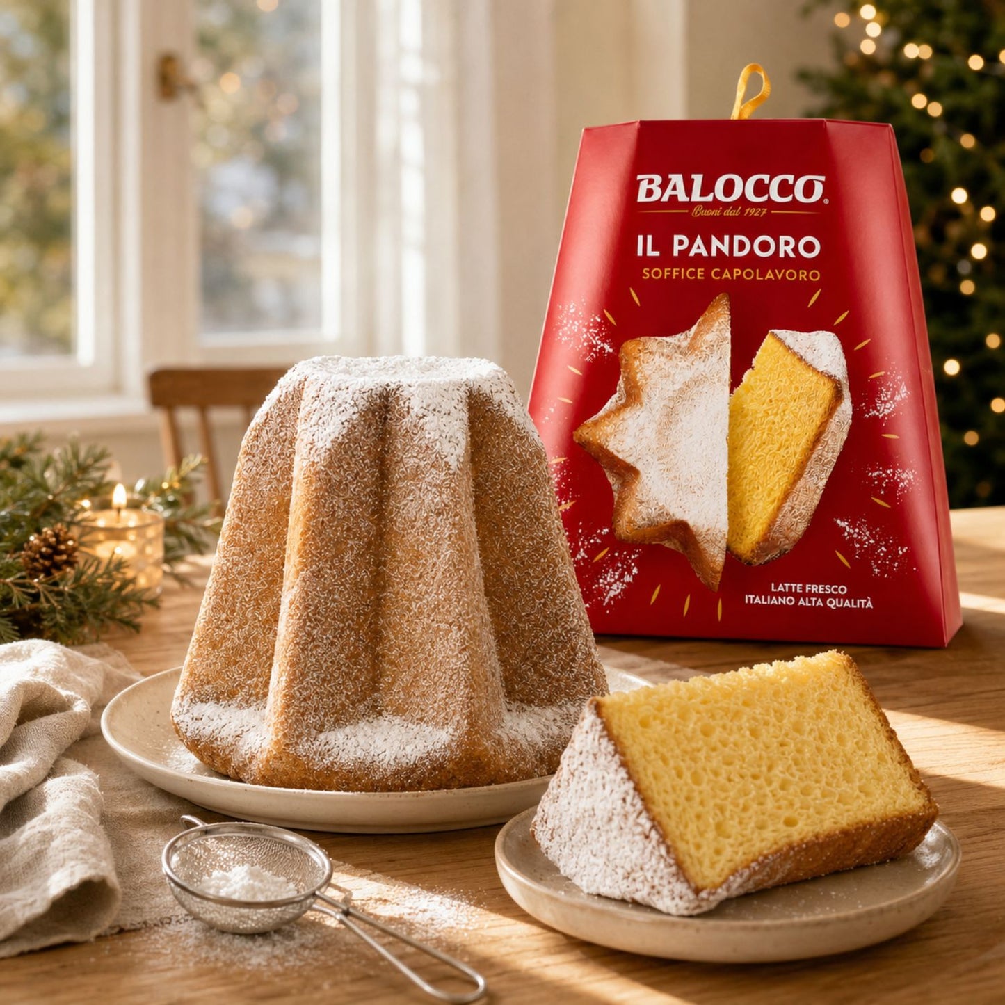 A festive holiday scene showing a baked cake on a plate in front of its red Balocco Il Pandoro packaging, with a slice of the cake in front and a sifter on a table near windows and a Christmas tree.