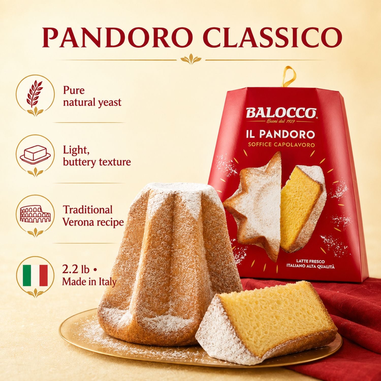 Pandoro Classico cake and its red Balocco packaging box on a beige background with Italian text and feature icons. The cake is dusted with powdered sugar and served with a slice, alongside the red box labeled 'BALocco Il Pandoro Coffee Ciallineiro'.