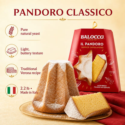 Pandoro Classico cake and its red Balocco packaging box on a beige background with Italian text and feature icons. The cake is dusted with powdered sugar and served with a slice, alongside the red box labeled 'BALocco Il Pandoro Coffee Ciallineiro'.