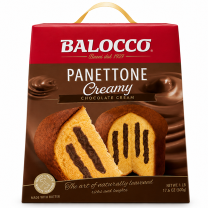 A 17.6 oz (500 g) package of Balocco Panettone Creamy Chocolate Cream, featuring a red and brown box with a gold handle, showing a sliced golden-brown panettone with dark chocolate cream filling.