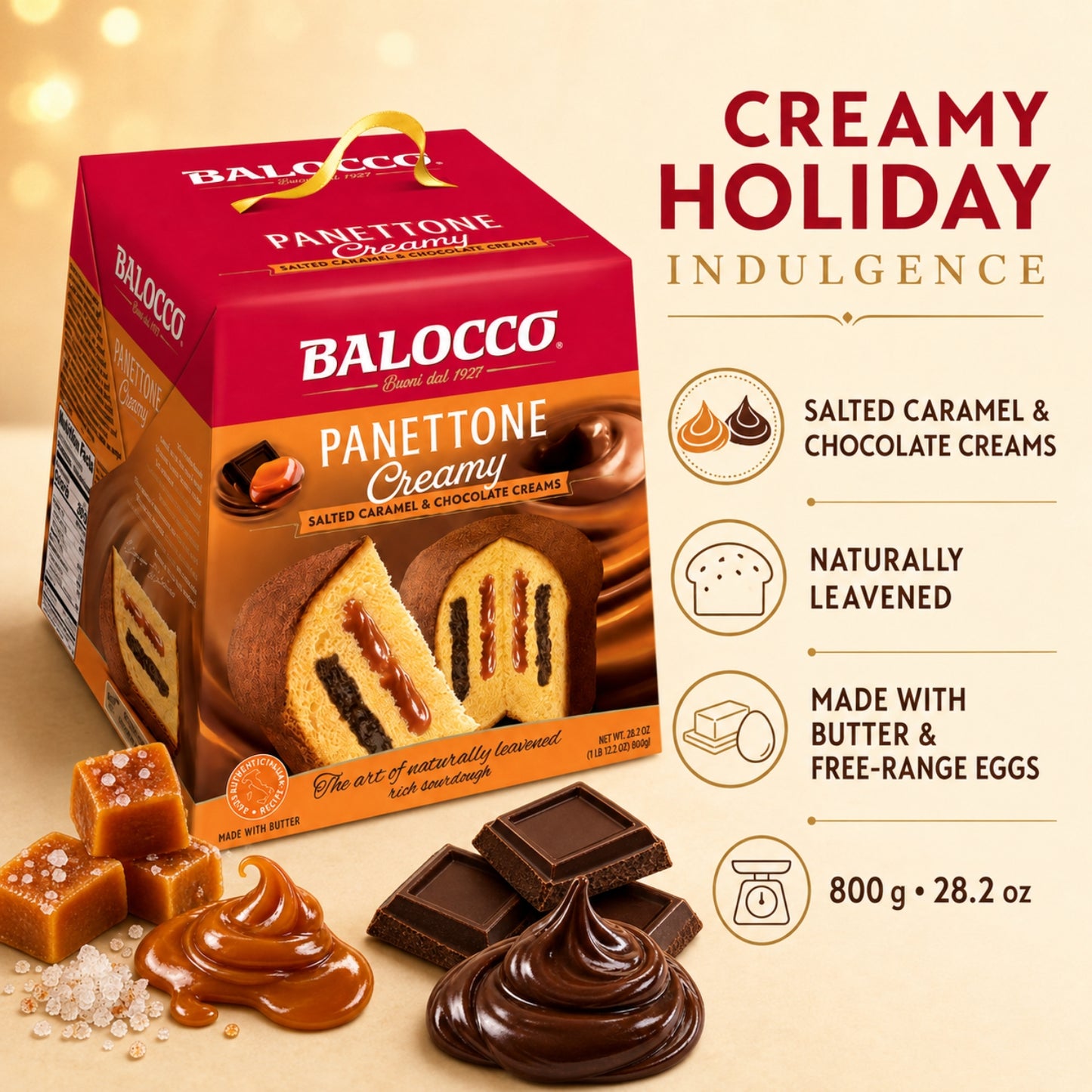 Balocco Italian Panettone Creamy, Salted Caramel & Chocolate Creams, 800g