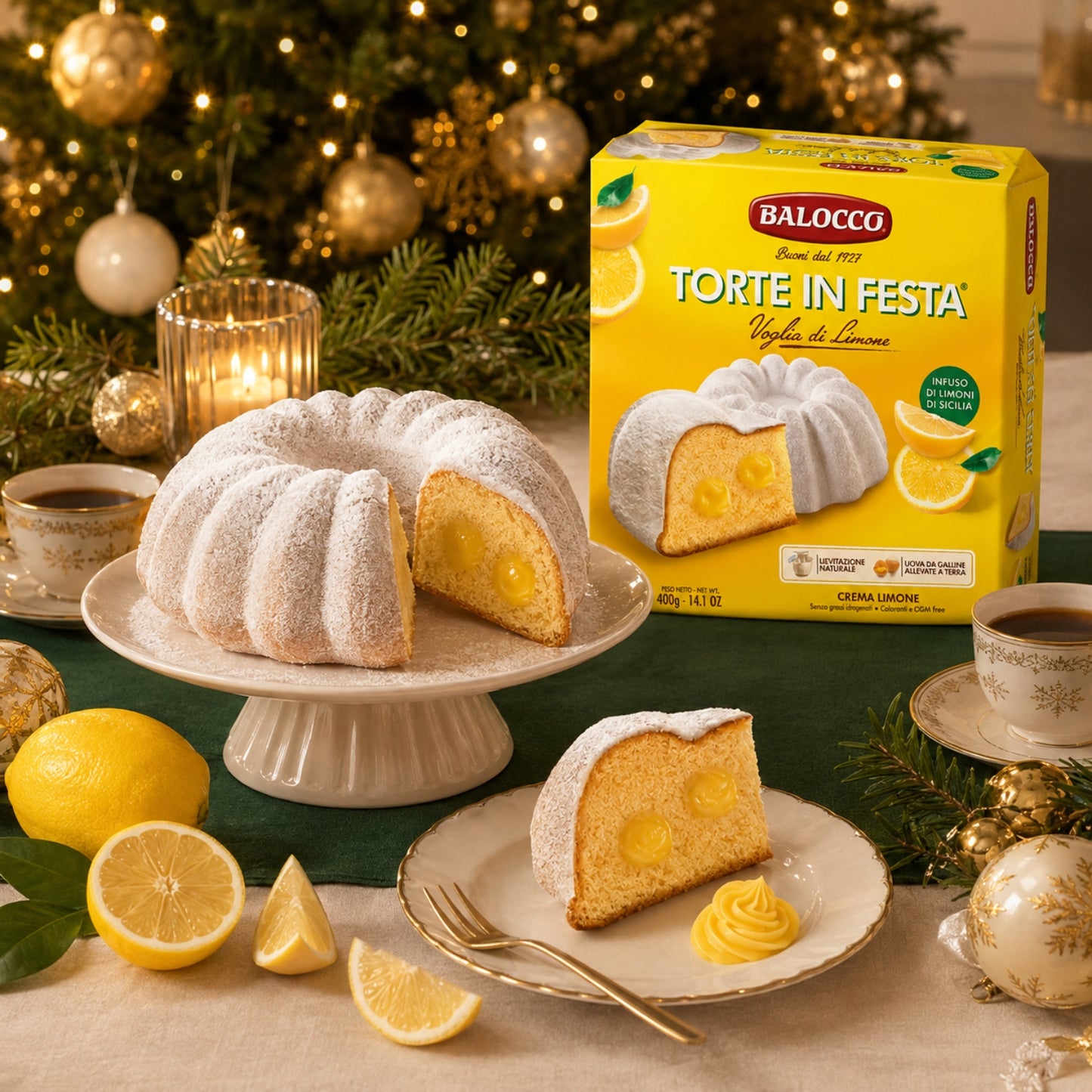 A festive holiday scene featuring a yellow lemon cake on a pedestal and a slice on a plate, alongside a yellow Balocco Torte in Festa box. The setting includes a decorated Christmas tree, lemons, cups of coffee, and gold ornaments on a dark green tablecloth.