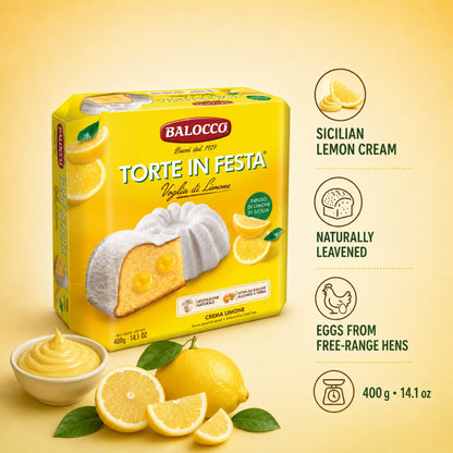 Baloccò Torte in Festa Sicilian Lemon Cream cake in a bright yellow box, styled with fresh lemons, a bowl of cream, and Italian text highlighting product features on a warm yellow background.