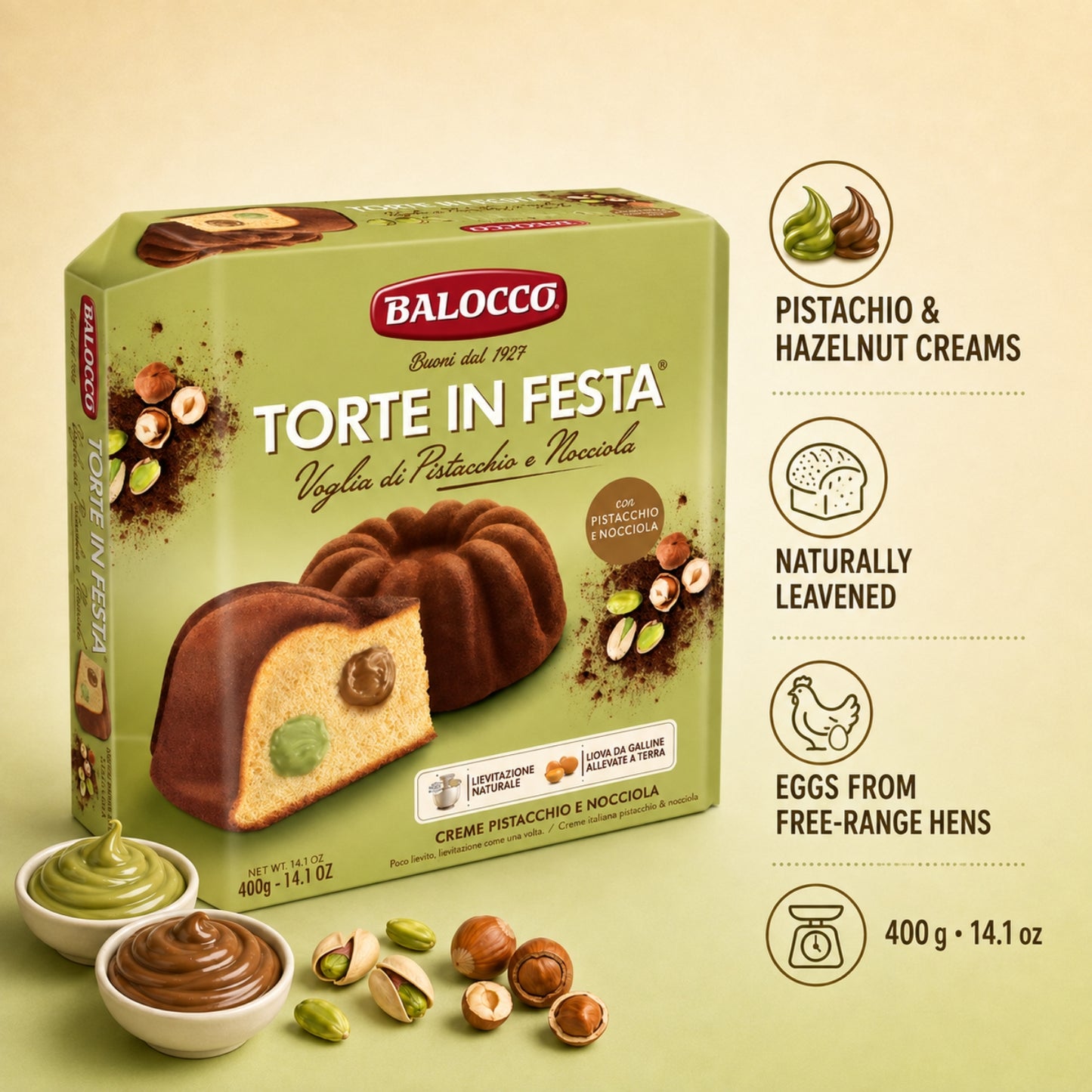 Balocco Italian Cake with Pistachio Cream & Hazelnut Cream, 400 g
