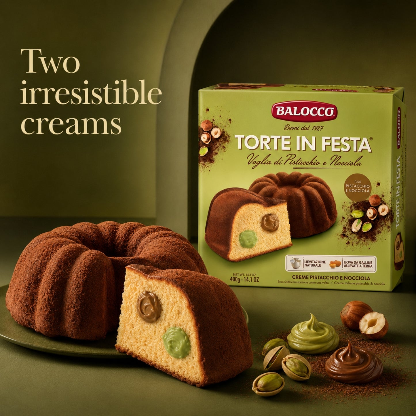 Balocco Italian Cake with Pistachio Cream & Hazelnut Cream, 400 g