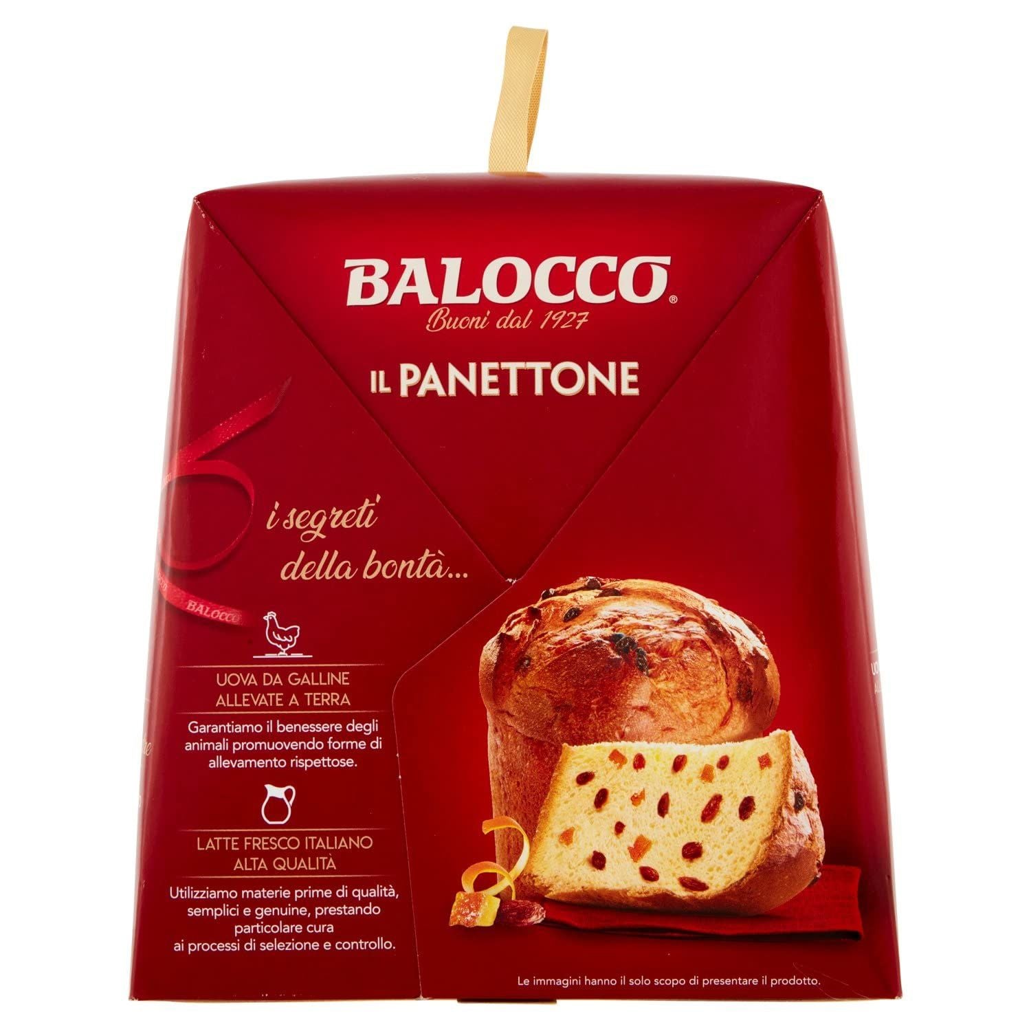 A red bakery box of Balocco Il Panettone, featuring a photo of a decorated bread loaf and a slice on the front, with a small wooden handle at the top, photographed on a white background.