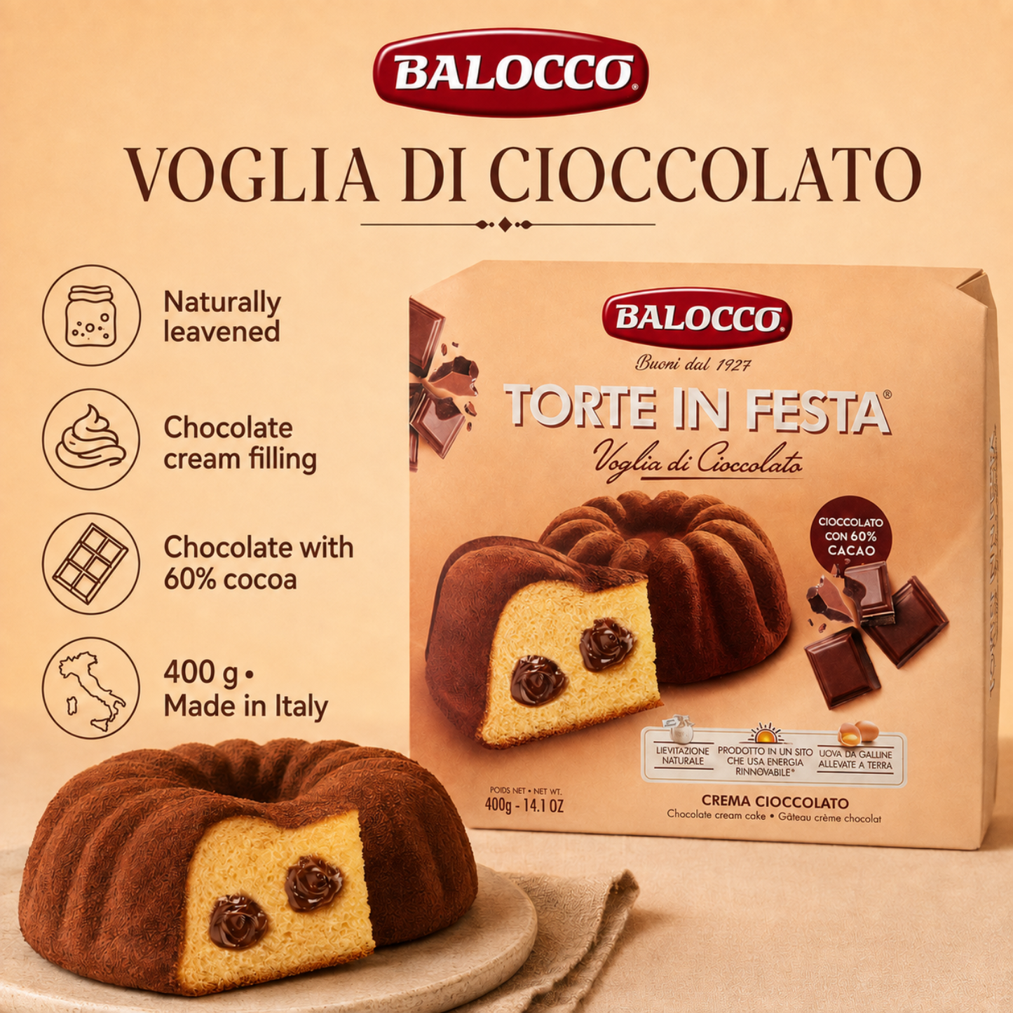 Balocco Italian Cake with Chocolate Cream 14.1 oz (400g) | 60% Cocoa