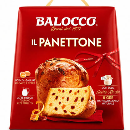 A red Balocco Il Panettone gift box with a photo of a sliced golden-brown panettone loaf and a red ribbon, shown on a plain white background.